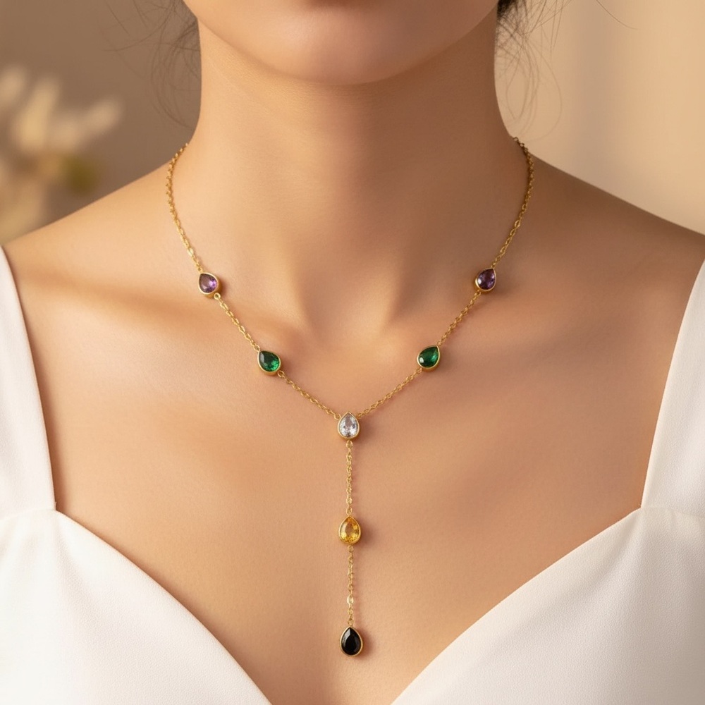 18k Gold Lated Multi-Colour CZ Gemstone Y Necklace. New.